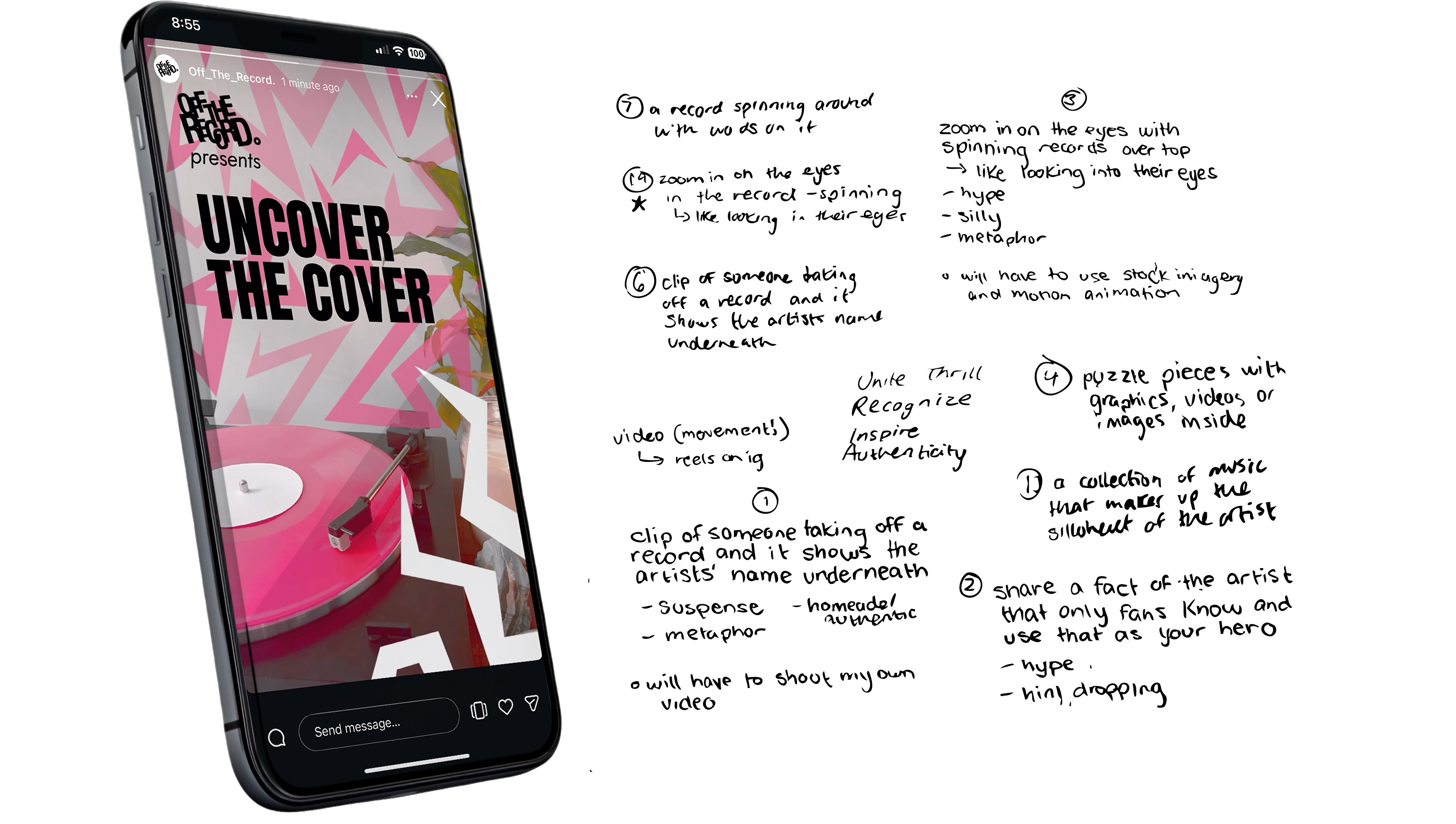 Off The Record Phone Mockup and process ideas